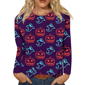 Новинка на фестивале футболок на Хэллоуин, красочная голова тыквы с принтом на пуговицах, круглый вырез, распродажа блузок, блузки для женщин