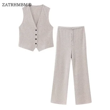 ZATRHMBM 2023 Женские комплекты Текстурированная трикотажная майка и брюки с завышенной талией на завязках, шикарный модный костюм для молодежных каникул