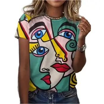 Абстрактный Женский Графический портрет, Женская футболка 2023, Новый Летний Топ С Круглым вырезом И коротким рукавом, Повседневный Уличный Женский Топ Очень Большого размера