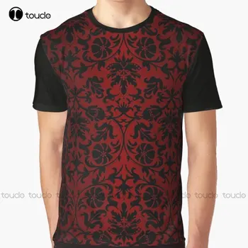 Темно-красная и черная футболка с графическим рисунком из дамасской ткани, футболки с цифровой печатью, уличная одежда Xxs-5Xl, новая популярная унисекс.