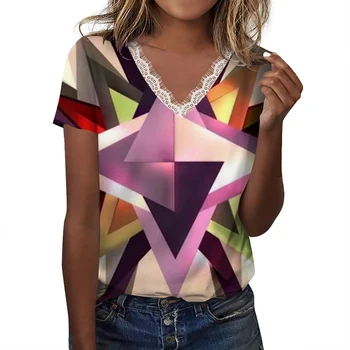 Женская футболка свободного кроя с V-образным вырезом и коротким рукавом 2023, Модная стильная клетчатая футболка с граффити, 3D-принт, кружевное украшение для верха