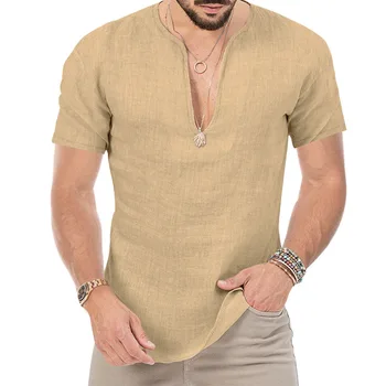 Летняя футболка с V-образным вырезом и коротким рукавом, стильная мужская пляжная одежда, приталенная рубашка, однотонная одежда из бамбукового хлопка, топы Y2K 2023 г.