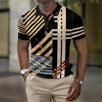 Новая мужская рубашка поло в контрастную полоску с короткими рукавами и геометрическим рисунком, летняя деловая Повседневная уличная одежда 2023 года.