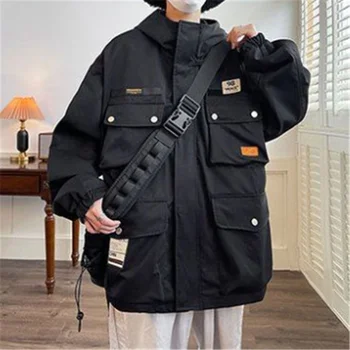 Многофункциональная куртка с несколькими карманами, мужская весенне-осенняя Новая Корейская версия черной свободной одежды с капюшоном, Красивый молодежный