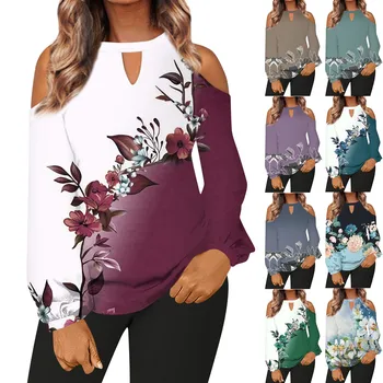 Женская повседневная льняная футболка Otton с модным цветочным принтом, элегантная новая блузка в стиле харадзюку, топ с круглым вырезом и открытыми плечами кофта женская