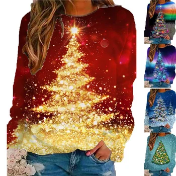 Рождественская одежда, Новая женская модная Рождественская футболка с длинными рукавами, пуловеры с 3D принтом, повседневные блузки-джемперы с круглым вырезом