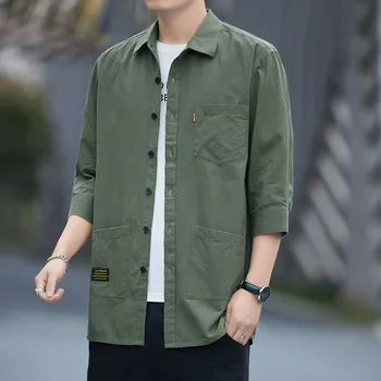 Летняя мужская повседневная рубашка с рукавом три четверти из модного 100% хлопка, тонкое молодежное однотонное модное пальто с карманами, уличная одежда в корейском стиле