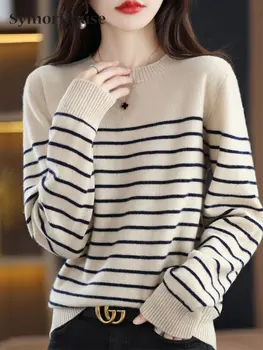 Осень-Зима 2023, Новый Кашемировый женский Корейский пуловер с круглым вырезом, Свободный вязаный свитер в полоску, верхняя одежда, универсальная верхняя женская одежда