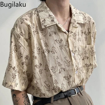 Мужская рубашка Bugilaku Harajuku в Японском стиле Хип-хоп, Летняя блузка Унисекс с цветочным принтом, Короткий рукав, Топы на пуговицах, Винтажные кофточки