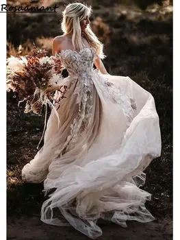 Свадебные платья цвета Шампанского с открытыми плечами и открытой спиной, иллюзия трапециевидной формы, без рукавов, свадебные платья в стиле Кантри с 3D цветочным кружевом