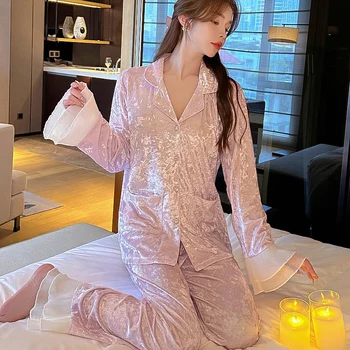 Женская зимняя бархатная пижама, домашняя одежда с длинными рукавами, розовые осенние утолщенные пижамные штаны, комплект из 2 предметов, пижама на пуговицах, пижамы