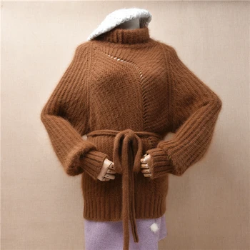 Женская осенне-зимняя одежда из толстой теплой шерсти ангорского кролика, вязаная водолазка с поясом, тонкие блузки, пуловер, свитер