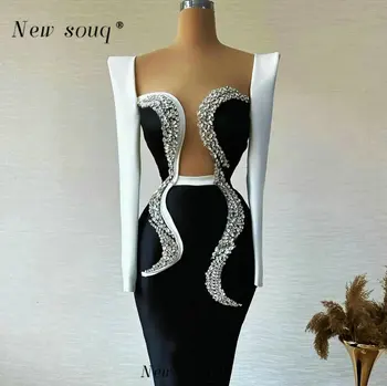 Классические черно-белые вечерние платья русалки с длинными рукавами, украшенные блестящими кристаллами, сексуальные атласные платья для званого ужина с вырезами