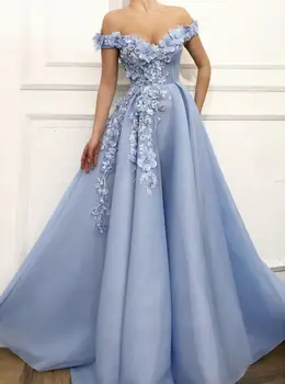 Элегантное синее платье для выпускного вечера трапециевидной формы с 3D цветами из тюля с открытыми плечами 2023, женское вечернее платье с жемчужной аппликацией и цветочным рисунком