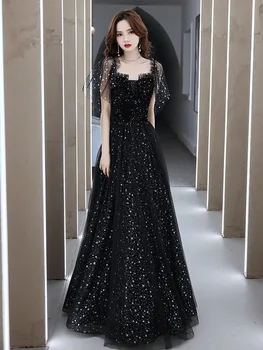 Черное платье для выпускного вечера с блестками, женское вечернее платье из тюля с квадратным вырезом, женские элегантные современные коктейльные платья трапециевидной формы с принтом звезды