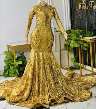 Золотые афроамериканские платья для выпускного вечера Русалка С длинными рукавами Кружева Черные Девушки Нигерия Вечернее платье Robe De Soiree Платье