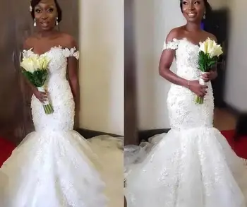 Свадебные платья Русалки в Африканском стиле с открытыми плечами, Винтажные Кружевные Свадебные платья для черных девушек с 3D цветами, Нигерия, Арабская Страна, Плюс Размер