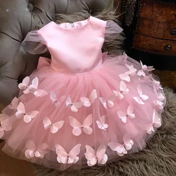 Платье для девочки в цветочек на день рождения, вечеринку, Выпускной бал С жемчугом, розово-красное Платье принцессы из пышного тюля с 3D бабочками Vestidos