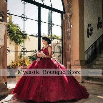 Новые поступления Бордовое Кружевное Бальное Платье Quinceanera Dress 2023 С 3D Цветами, Расшитыми Бисером, Милое 16 Платье На шнуровке Vestidos De 15 Años