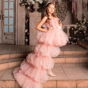 Платье цветочницы, тюлевое платье принцессы для девочки, платье для первого причастия, детское платье на день рождения, детское платье со съемным шлейфом