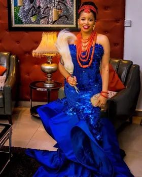 Королевское синее свадебное платье для гостей, Милые Африканские женщины, платья для выпускного вечера в стиле русалки, вечерние платья в стиле Русалки с блестками.