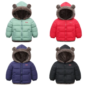 Детская хлопковая куртка с медведем для мальчиков и девочек, утепленные флисовые однотонные теплые пальто на молнии, карманы, зимняя детская одежда с капюшоном, верхняя одежда