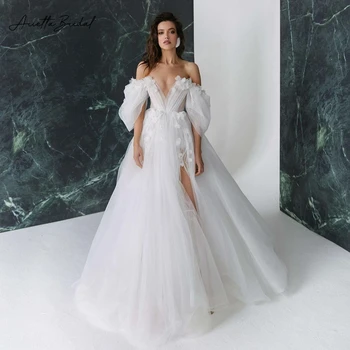 Свадебные платья Arietta из тюля с открытыми плечами, глубокий V-образный вырез, 3D цветы, свадебные платья трапециевидной формы с высоким разрезом, пляжное платье невесты с открытой спиной
