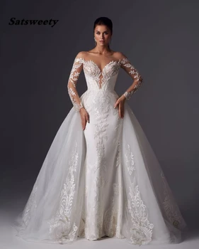 Элегантное кружевное свадебное платье Русалки 2023 года со съемным шлейфом, свадебное платье с длинным рукавом и прозрачным вырезом, Robe de mariee