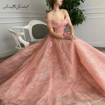 Ариетта, элегантные персиковые кружевные платья для выпускного вечера трапециевидной формы с открытыми плечами, макси-платья для вечеринок с 3D цветами, платье для официальных мероприятий