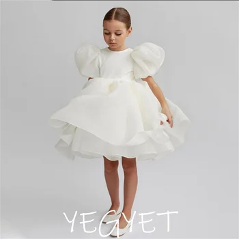 Высококачественные короткие рукава с круглым вырезом и цветочным пузырем для девочек, элегантные свадебные бальные платья с открытой спиной длиной до колен