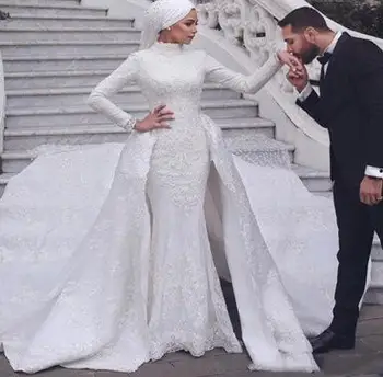 Мусульманские свадебные платья С длинным рукавом и высоким воротом, Кружевное вышитое свадебное платье с длинным хвостом, Свадебные платья