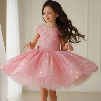 Блестящие розовые платья в цветочек для девочек, пышное детское свадебное платье трапециевидной формы с бантом сзади, длиной до колен, Детские свадебные платья с блестками