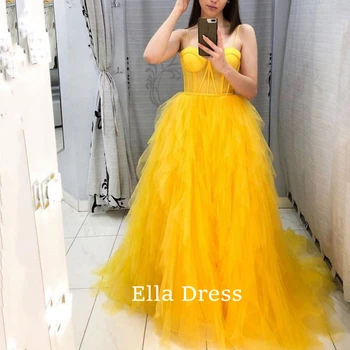 Желтое вечернее платье Ella трапециевидной формы, Элегантное бальное платье с вырезом лодочкой, свадебное вечернее платье, многослойное вечернее платье, платья на заказ