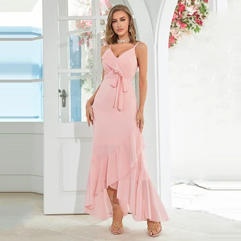 LAMYA Розовое шифоновое асимметричное вечернее платье с V-образным вырезом И оборками, платье для выпускного вечера для женщин, простое платье