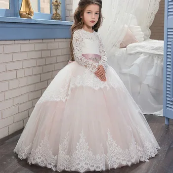 Детское свадебное платье-пончо с длинными рукавами и двойным кружевом в новом стиле, детское платье-пончо с цветочным узором для танцев