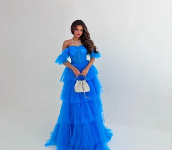 Винтажные длинные платья для выпускного вечера принцессы голубого цвета, плиссированные многоуровневые платья из тюля длиной до пола с открытой спиной для официальных вечеринок