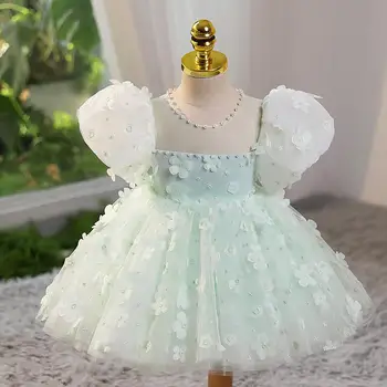 Кружевные платья для маленьких девочек, детское свадебное платье-пачка принцессы с цветочным бисером, праздничная одежда для крещения детей на день рождения