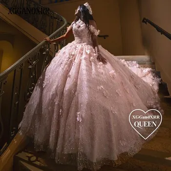 Блестящее Розовое Пышное платье с 3D Цветочной Аппликацией в виде Сердца Vestido XV Años Sweet 16 Dress Robe De Soirée, Сшитое на Заказ