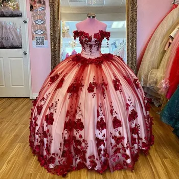 Бордовые пышные платья Charro, бальное платье с открытыми плечами, тюль, цветочный жемчуг, пышная Мексиканская сладость, 16 платьев, 15 Anos