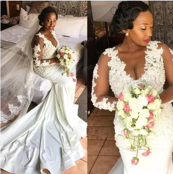 Африканские свадебные платья Русалки с круглым вырезом и длинными рукавами 2023, Сексуальное свадебное платье больших размеров, платья Vestidos de Novia Design