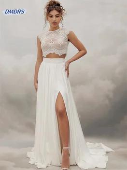 Сексуальное кружевное свадебное платье трапециевидной формы с круглым вырезом, Иллюзионный рукав-колпачок, свадебное платье длиной до пола, Простое Vestidos De Novia