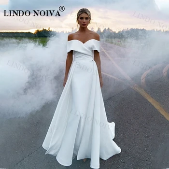 LINDO NOIVA Vestidos De Novia, атласное свадебное платье русалки с открытыми плечами, простой съемный шлейф, платья для невесты на заказ