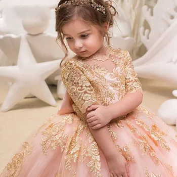 2023 Детское Свадебное Платье С Кружевом до Середины рукава Для девочек, Ведущая Представления На День Рождения, Длинное платье Принцессы Пенгпенг