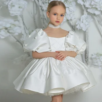 Белые платья с цветочным узором для девочек, атласный пышный жемчуг с бантом, короткий рукав для свадьбы, дня рождения, банкета, платья для принцесс
