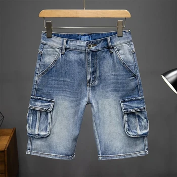Джинсовые шорты с несколькими карманами, мужские свободные, большого размера, укороченные, плюс размер, летняя уличная одежда в тонком сечении, мужские шорты-карго
