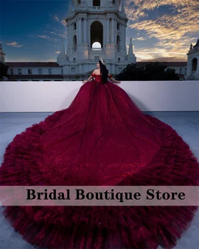 Роскошное Бордовое Бальное Платье Quinceanera Dress Sweet 16 Dress Кружевные Аппликации Кристаллы Vestidos De 15 Años Корсетные Свадебные Платья