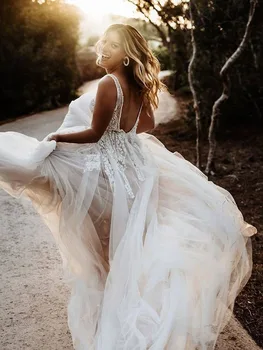 Классическое тюлевое платье невесты с V-образным вырезом, Винтажные свадебные платья с кружевной аппликацией трапециевидной формы для женщин 2023, свадебное платье на бретельках