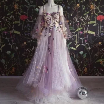 Платья для выпускного вечера Princess Puffy Lavender Illusion, тюлевые бретельки с аппликацией, Вечерние платья с цветочным рисунком, вечерние платья с цветочным рисунком, женские вечерние платья 2023