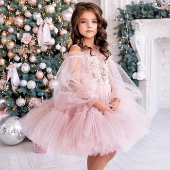 Розовое тюлевое платье с цветочным узором для девочки, пышный вырез, Пышный длинный рукав, наряд для выпускного вечера, Первое причастие Для маленького ребенка, Одежда для вечеринки по случаю Дня рождения принцессы