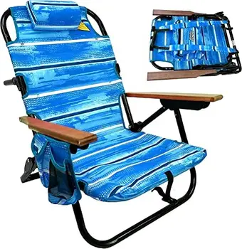 Пляжный стул с 5 Позициями и Подстаканником, чехол сбоку, Мягкая подушка, Сумка для хранения на Спинке, Легкий Нержавеющий алюминий, Черный Каркас